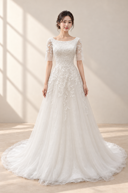 AI-assisted model visualisation of Enchanted Lace Romance gown, front view with boat neckline, sheer elbow-length sleeves and floral vine embroidery.