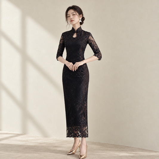 Improved version of cheongsam 2019 new autumn girl long section fresh and elegant fishtail Austrian dress female small fragrance — AI-styled front photo