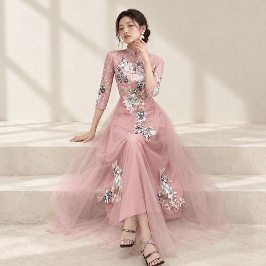 Chinese toast clothing bride cheongsam 2019 new autumn and winter long wedding dress skirt thank you feast in the sleeves thin female — AI-styled front photo