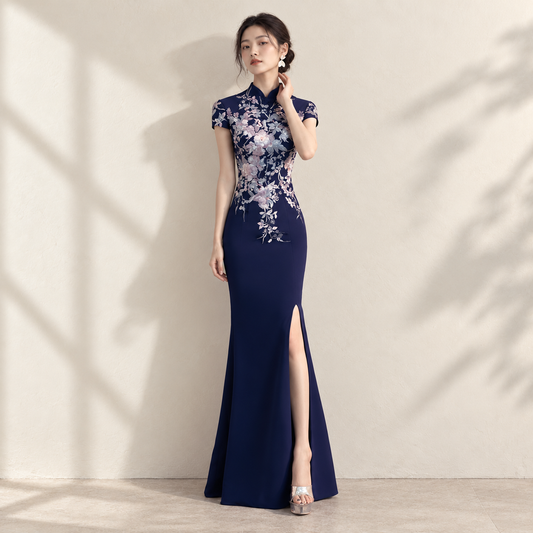 Banquet evening dress female 2019 new noble host fishtail slim high-end Chinese temperament cheongsam dress — AI-styled front photo