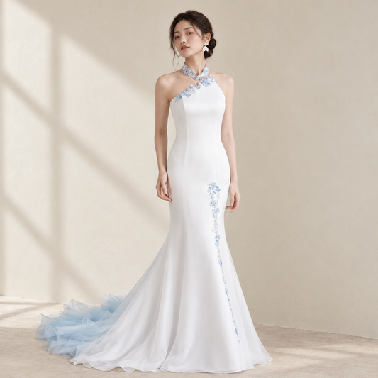 Fishtail package hip slimming was thin satin bride married go up yarn stand collar Chinese wedding lawn ceremony light wedding — AI-styled front photo