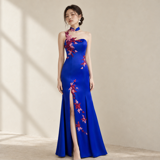 Blue fishtail dress Chinese stand-up collar sexy open-leg split bride toast clothing summer backless satin temperament female — AI-styled front photo