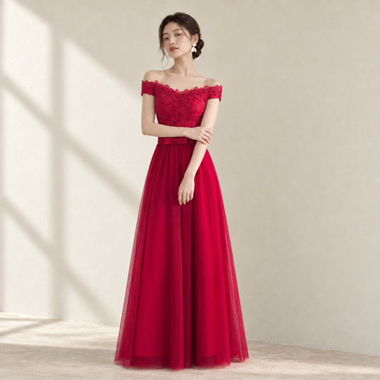 EG-SALE-AME-00220 Wine red bride wedding toast dress wedding thank you banquet wedding dress evening dress etiquette dress annual meeting host — AI-styled front photo
