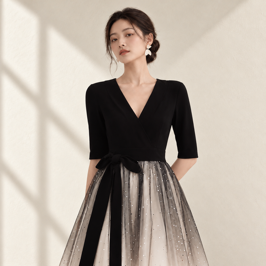 EG-SALE-AME-00109 Small evening dress for women new black banquet temperament gradient dress high-end daily wear host spring — AI-styled front photo