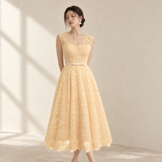 EG-SALE-AME-00210 Evening Gown full france lace fabric , evening dress, party dress, mother bride dress, simple dress — AI-styled front photo