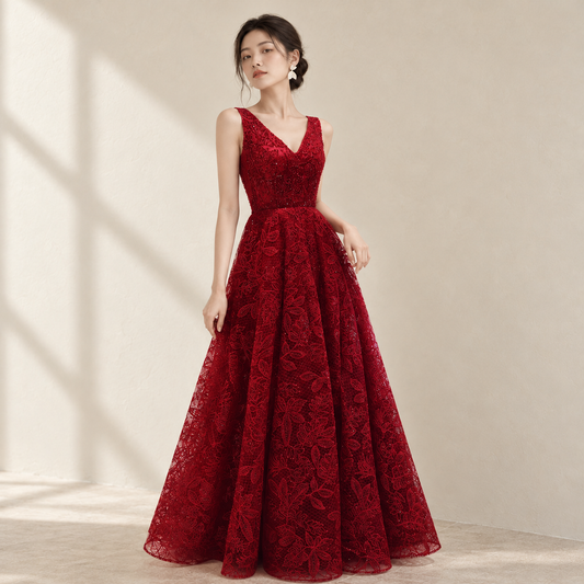 EG-SALE-AME-00113 Burgundy toast dress bride high-end wedding day casual dress high-end evening dress engagement dress — AI-styled front photo