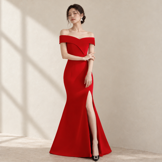 EG-SALE-AME-00122 Western dining etiquette course evening dress banquet women's one shoulder fishtail host etiquette — AI-styled front photo