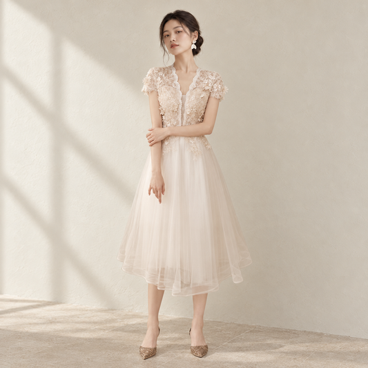 EG-SALE-AME-00207 French style Lemondtajoes annual party evening dress Tea lenght skirt female niche light luxury banquet temperament sparkling sequins — AI-styled front photo