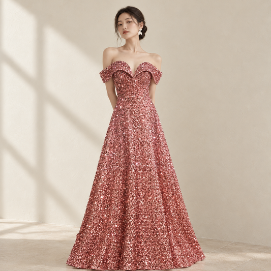 EG-SALE-AME-00200 OFF-shoulder sequined evening dress high-end banquet host , exam annual meeting light luxury — AI-styled front photo