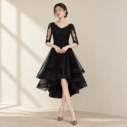 EG-SALE-AME-00131 Black banquet evening dress new winter fashion short front and long back party party small dress dress female — AI-styled front photo