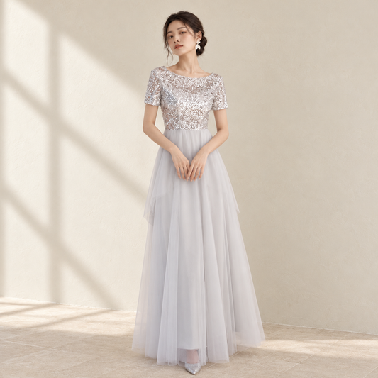 EG-SALE-AME-00118 Banquet evening dress fairy temperament lady long adult ceremony white birthday party dinner dress slim fit — AI-styled front photo