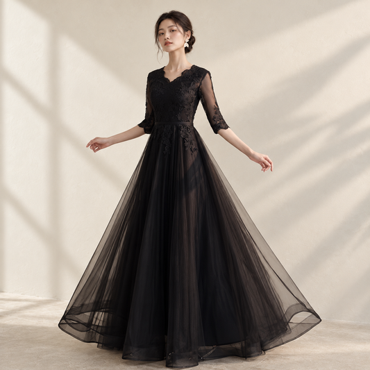 EG-SALE-AME-00130 Evening dress skirt female banquet temperament long lady high-end black slim chorus costume performance costume winter art exam light luxury — AI-styled front photo