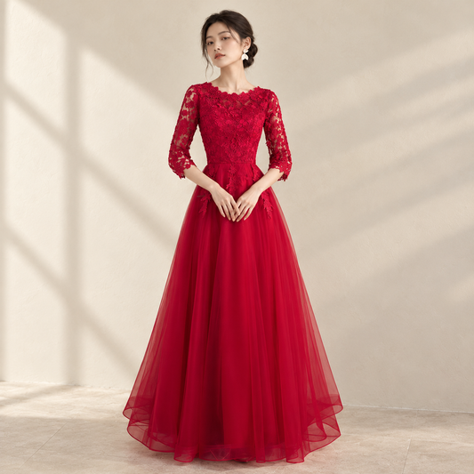 EG-SALE-AME-00114 Wedding toast dress bride evening dress can be worn at ordinary times new wine red — AI-styled front photo