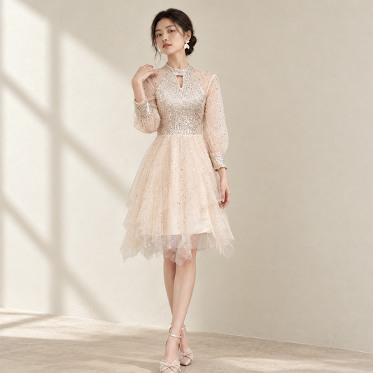EG-SALE-AME-00120 French Lemondtajoes champagne evening dress for women, banquet, petite, high-quality art exam dress — AI-styled front photo