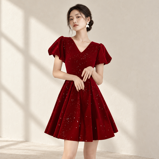 EG-SALE-AME-00121 Toast dress bride new summer velvet engagement dress female short petite French V-neck puff sleeves — AI-styled front photo