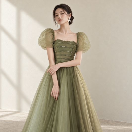 EG-SALE-AME-00181 Forest style evening dress for women light luxury high-end fairytale aesthetic olive green tone, puff sleeves, and flowing tulle skirt — AI-styled front photo