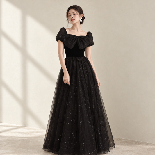 EG-SALE-AME-00182 Elegant Off-Shoulder Black Evening Gown classy banquet elegant annual meeting summer woman's style tutu skirt light luxury — AI-styled front photo