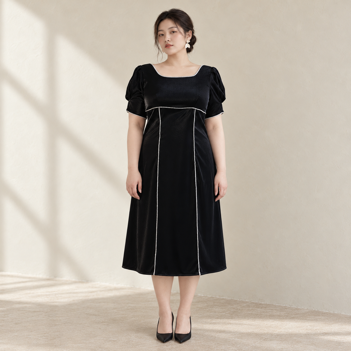 Elegant French Square Neckline A-Line Dress — AI-styled front photo
