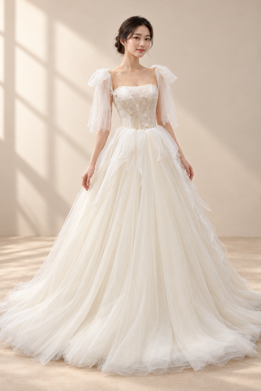 AI-assisted model visualisation of Luminaire Beaded Lace Bridal Gown, based on original gown photographs.