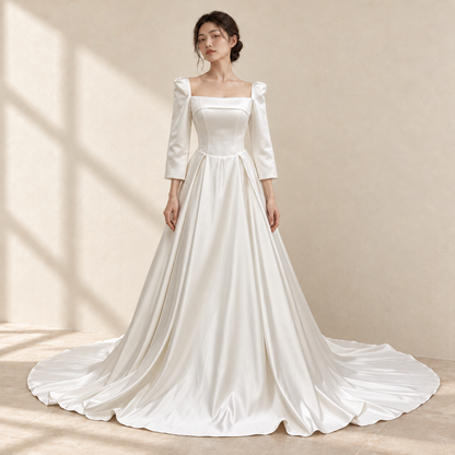 AI-styled front view of Ethereal Grace Pleated Wedding Gown; compare the original photographs for actual gown details