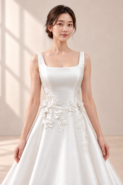 AI-assisted presentation edit: square neckline, broad straps and floral-appliqué waist of the wedding gown.