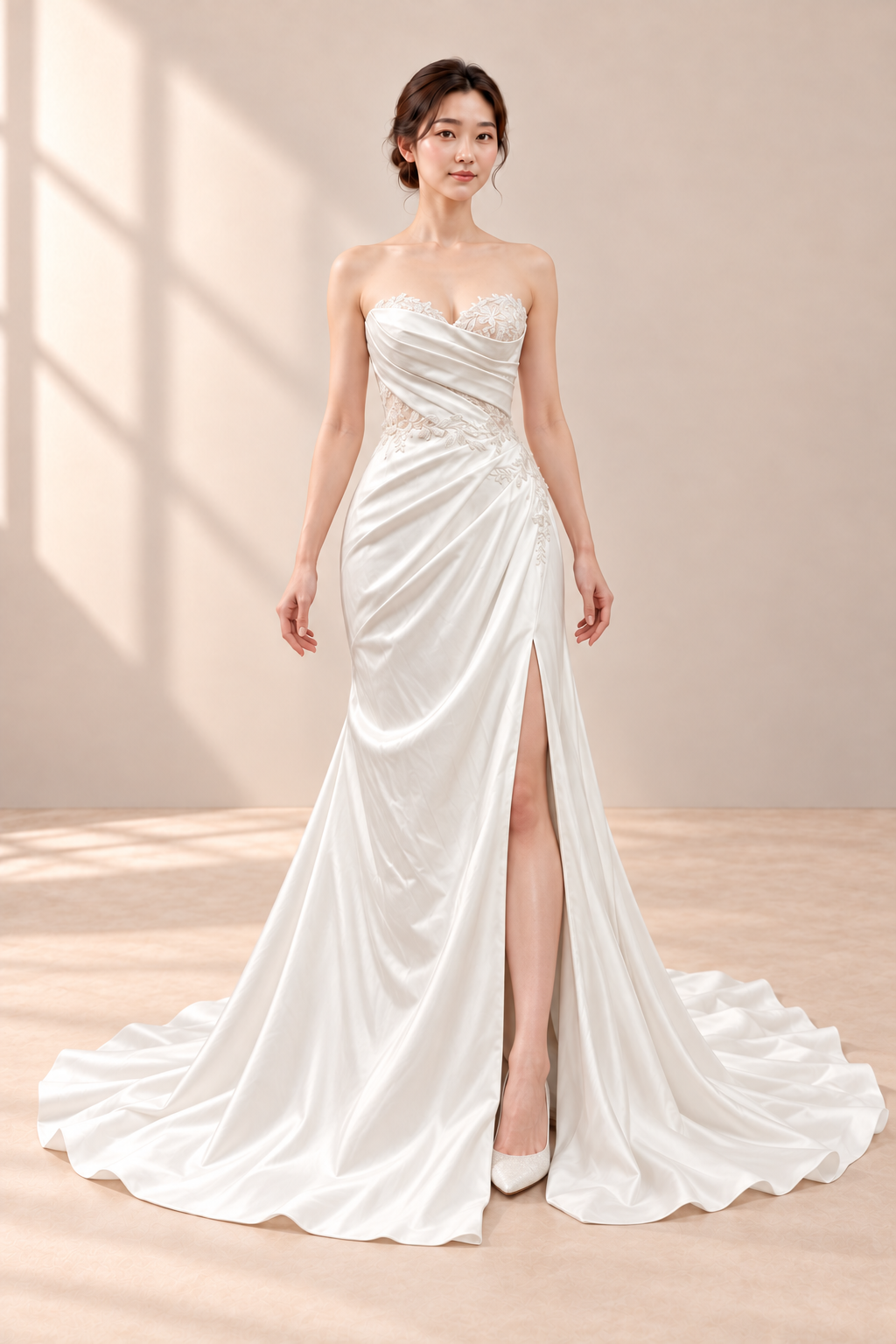 AI-assisted model visualisation: full front of the strapless draped lace gown showing its wearer-left front slit. Original garment photographs retained.