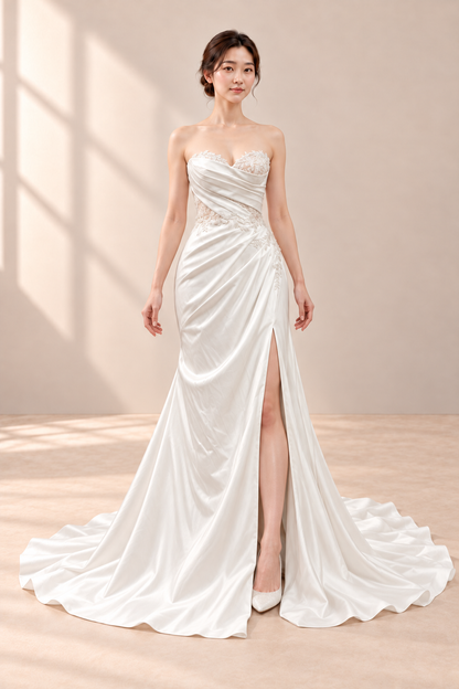 AI-assisted model visualisation: full front of the strapless draped lace gown showing its wearer-left front slit. Original garment photographs retained.