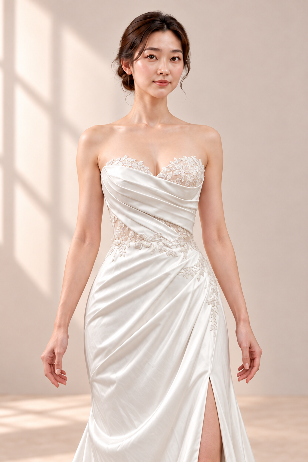 AI-assisted model visualisation: front bodice showing diagonal draping and lace-peeking neckline and waist. Refer to original photographs for exact lace details.