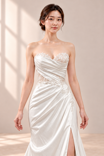 AI-assisted model visualisation: front bodice showing diagonal draping and lace-peeking neckline and waist. Refer to original photographs for exact lace details.