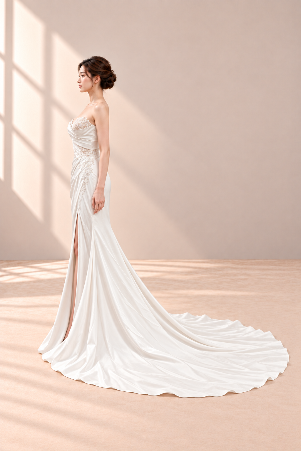 AI-assisted model visualisation: full left-side view with front slit and sweeping train. Original garment photographs retained.