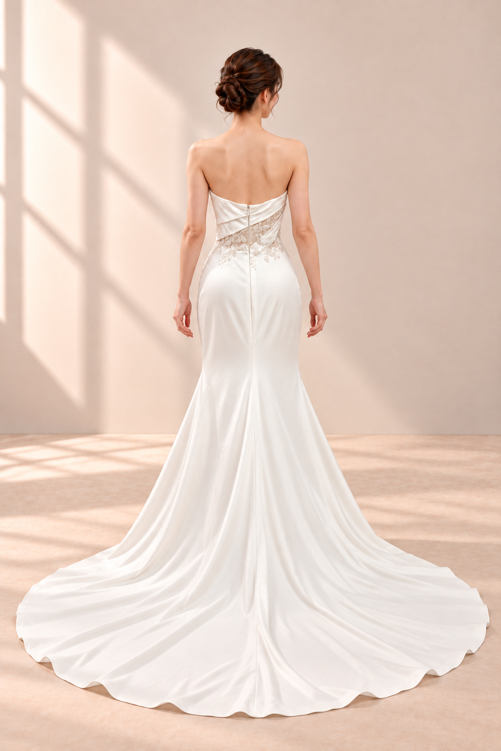 AI-assisted model visualisation: full back and train of the strapless draped lace gown. Original garment photographs retained.