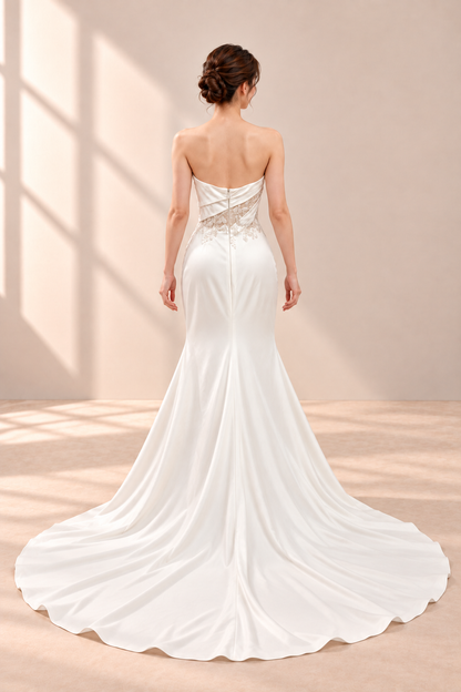 AI-assisted model visualisation: full back and train of the strapless draped lace gown. Original garment photographs retained.