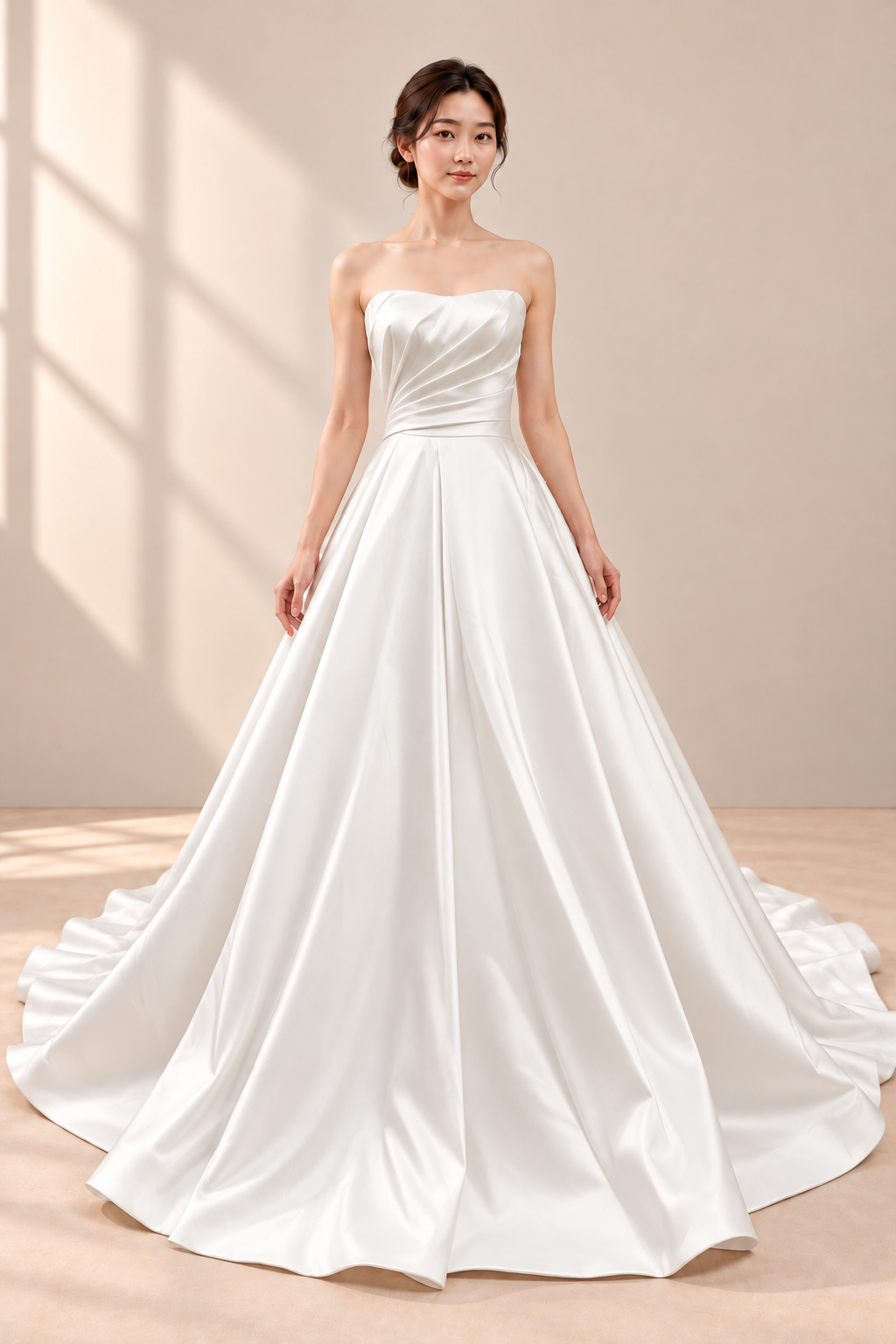 AI-assisted model visualisation: off-white Mikado satin wedding gown, full front view with strapless pleated bodice and full A-line skirt. Original garment photographs retained for comparison.