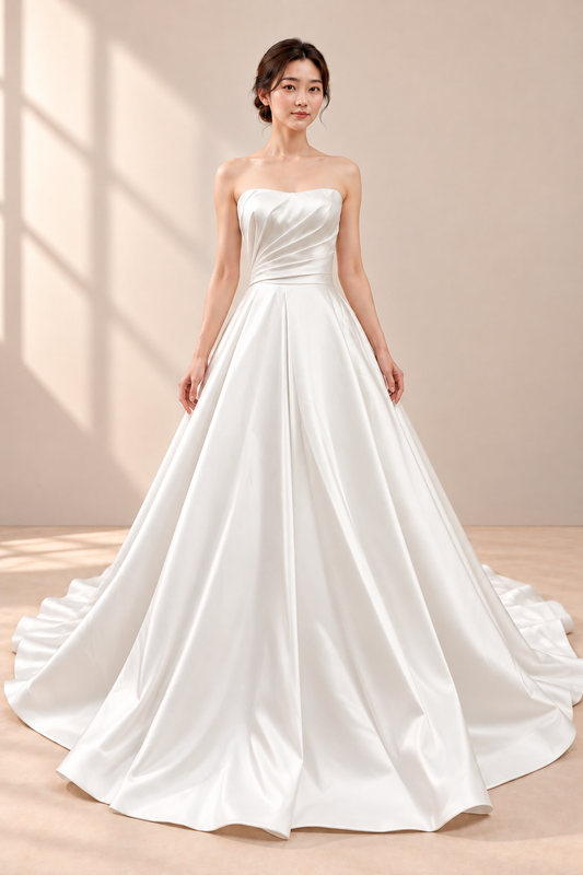 AI-assisted model visualisation: off-white Mikado satin wedding gown, full front view with strapless pleated bodice and full A-line skirt. Original garment photographs retained for comparison.