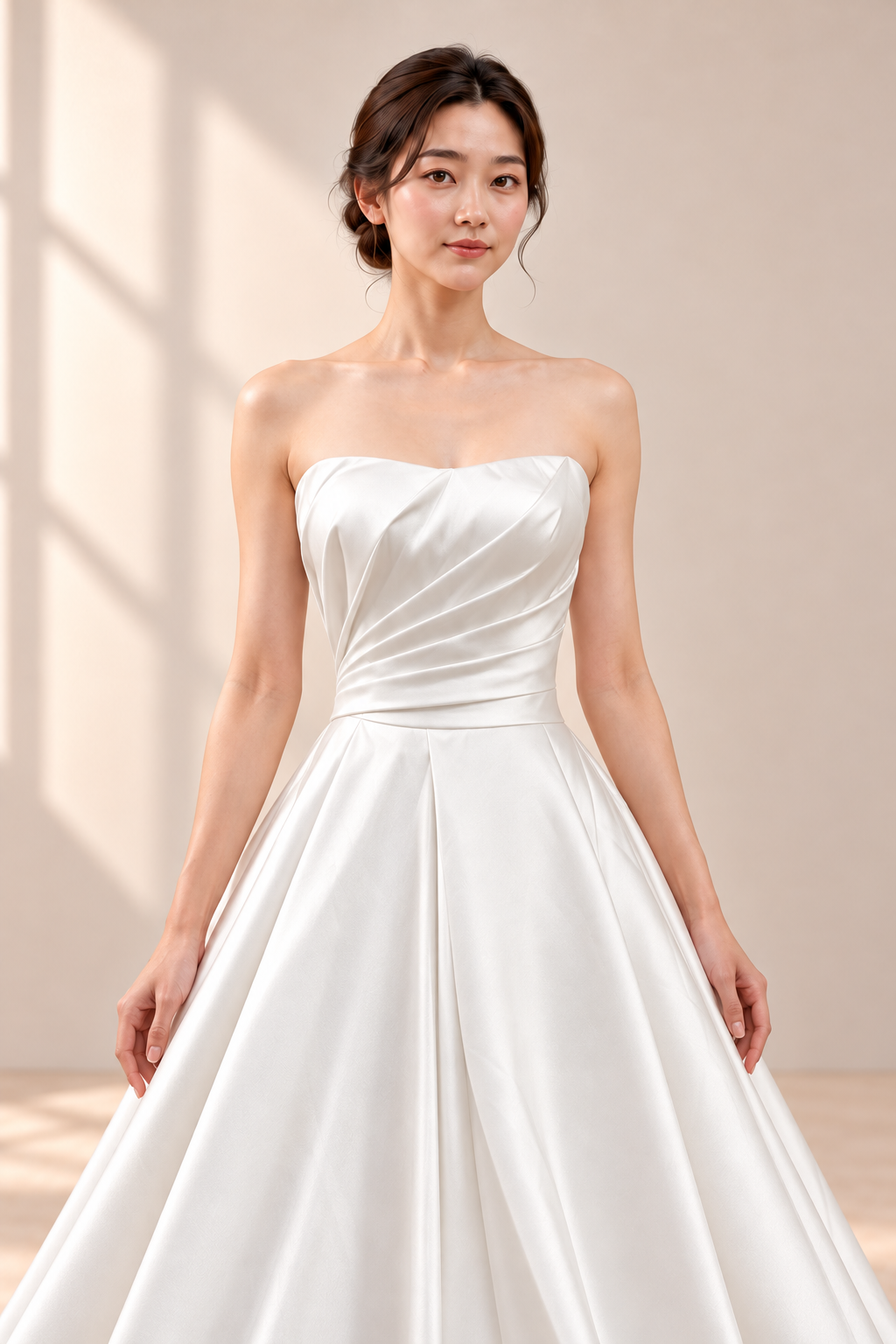 AI-assisted model visualisation: off-white Mikado satin wedding gown, front bodice detail showing asymmetric diagonal pleating. Original garment photographs retained for comparison.