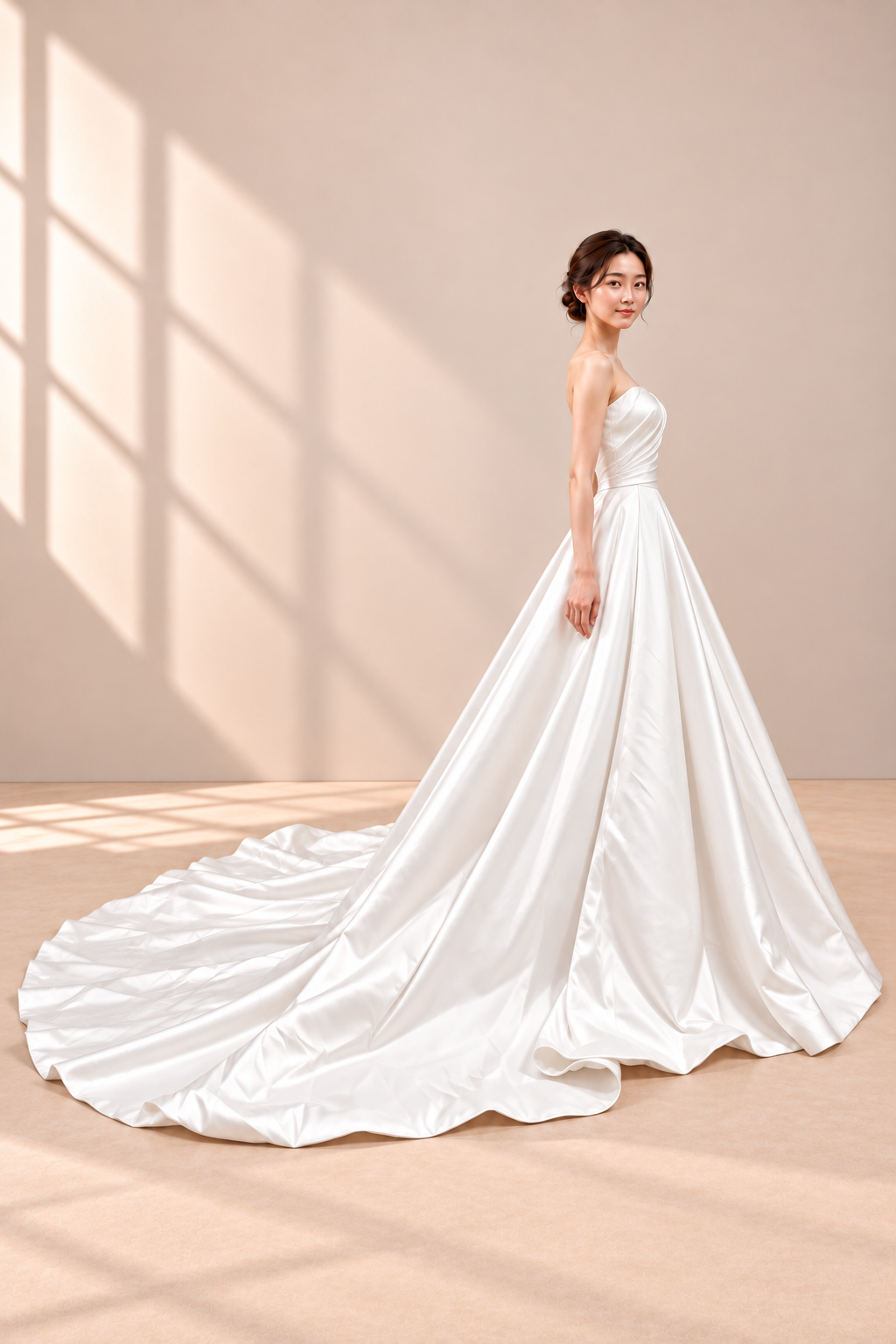 AI-assisted model visualisation: off-white Mikado satin wedding gown, side silhouette and sweeping train. Original garment photographs retained for comparison.