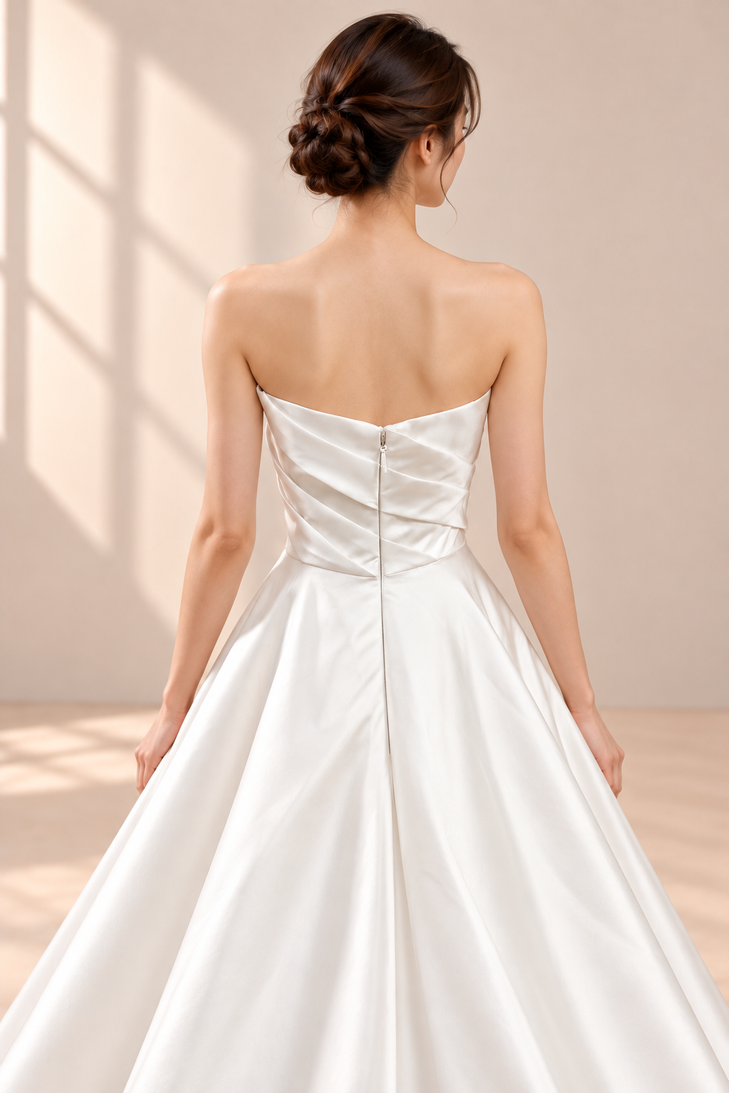 AI-assisted model visualisation: off-white Mikado satin wedding gown, back bodice detail with centre-back zip and diagonal folds. Original garment photographs retained for comparison.