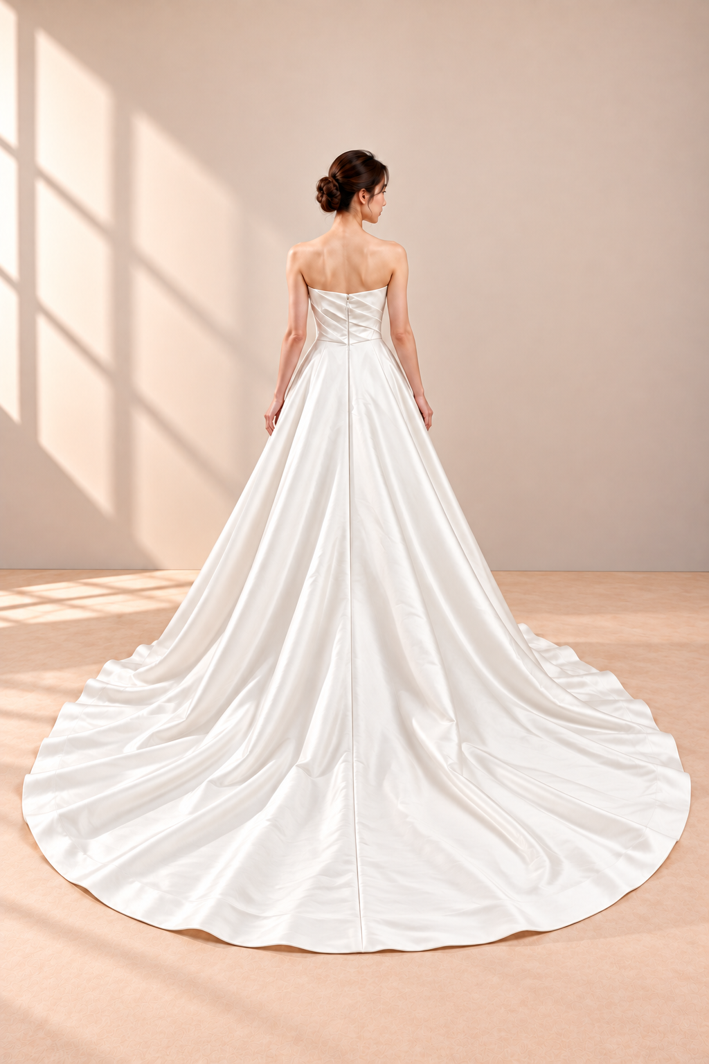 AI-assisted model visualisation: off-white Mikado satin wedding gown, full back view and sweeping train. Original garment photographs retained for comparison.