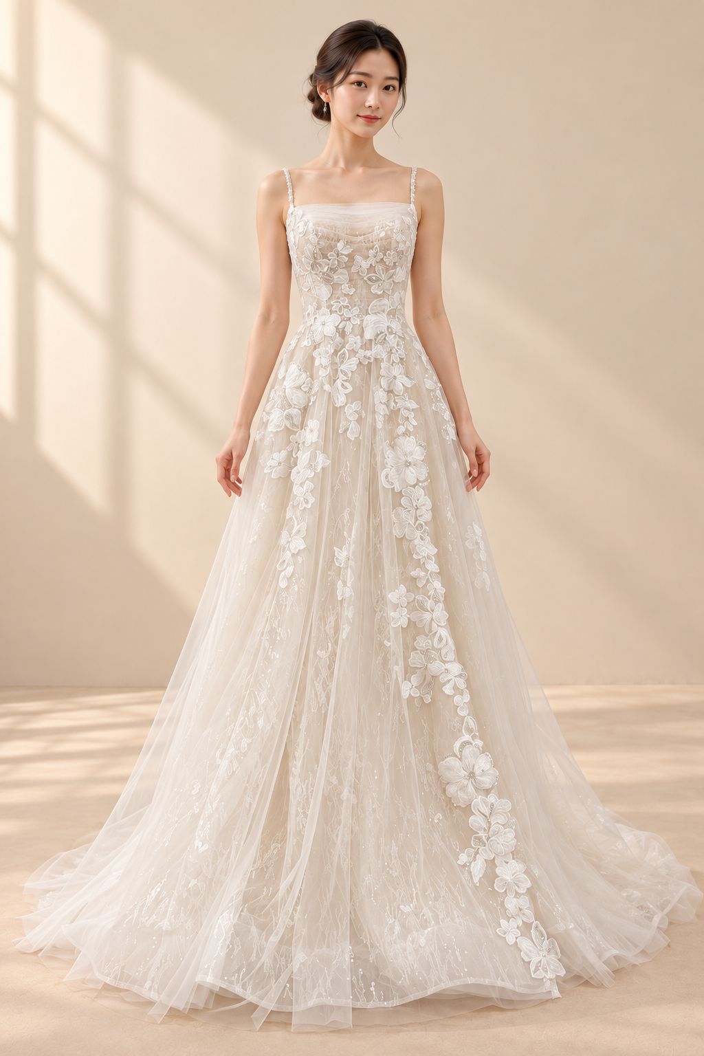 AI-assisted model visualisation of draped-neck floral lace A-line wedding gown, full front view. Refer to the actual gown for exact embroidery, colour and fit.