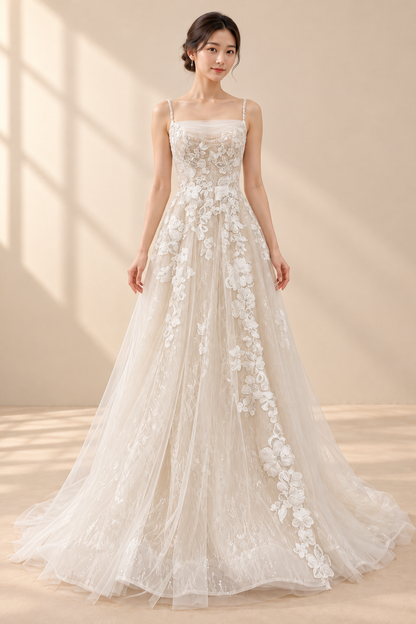 AI-assisted model visualisation of draped-neck floral lace A-line wedding gown, full front view. Refer to the actual gown for exact embroidery, colour and fit.