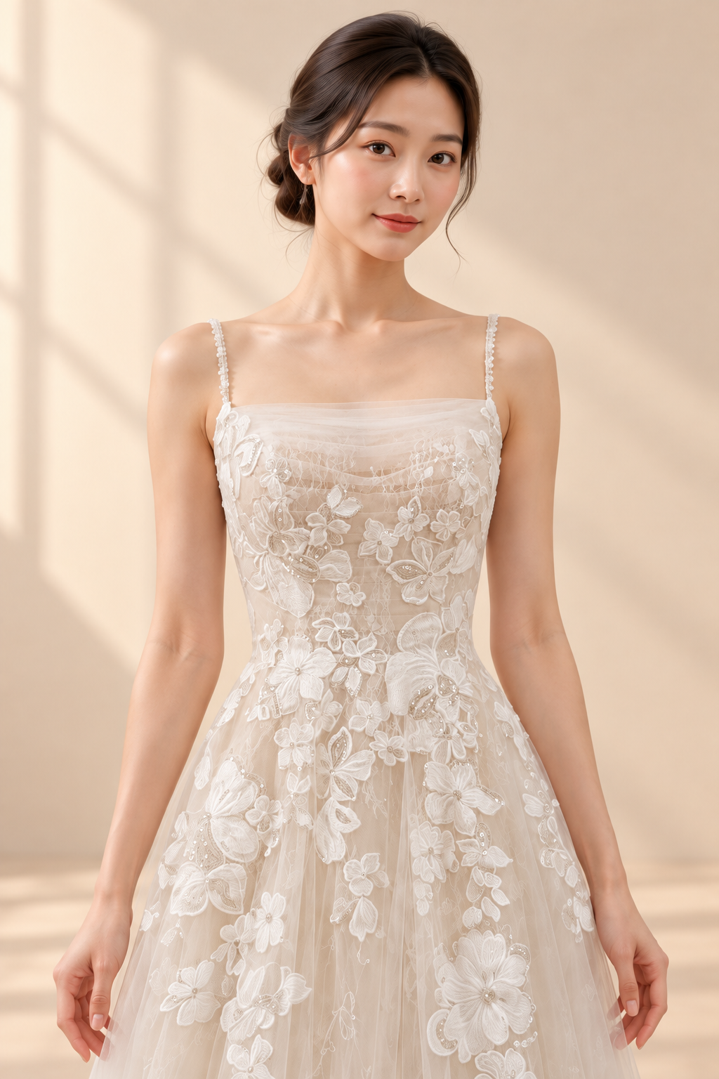 AI-assisted model visualisation of draped-neck floral lace A-line wedding gown, front bodice detail. Refer to the actual gown for exact embroidery, colour and fit.