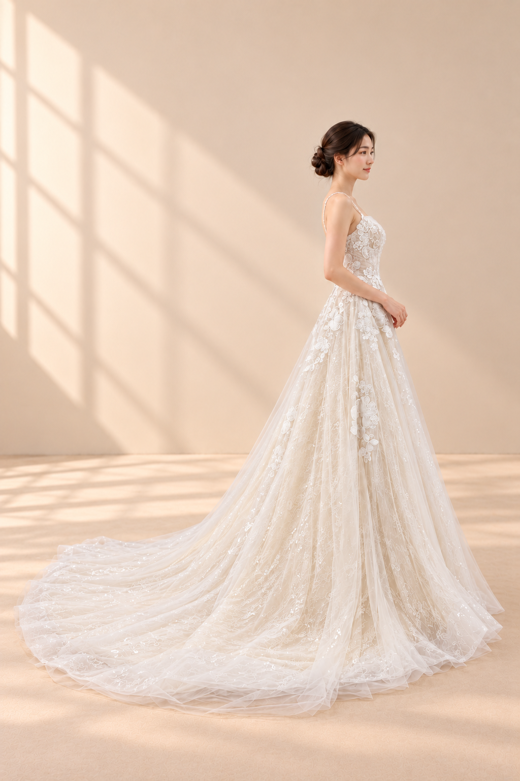 AI-assisted model visualisation of draped-neck floral lace A-line wedding gown, side view and train. Refer to the actual gown for exact embroidery, colour and fit.