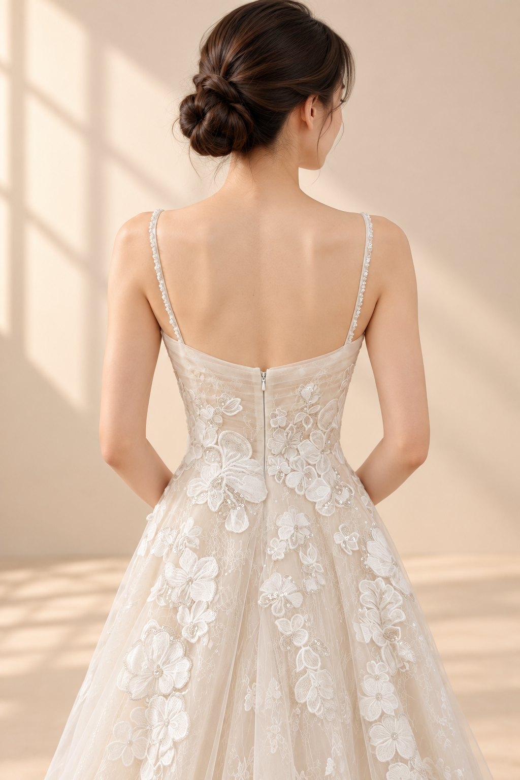 AI-assisted model visualisation of draped-neck floral lace A-line wedding gown, back bodice detail. Refer to the actual gown for exact embroidery, colour and fit.