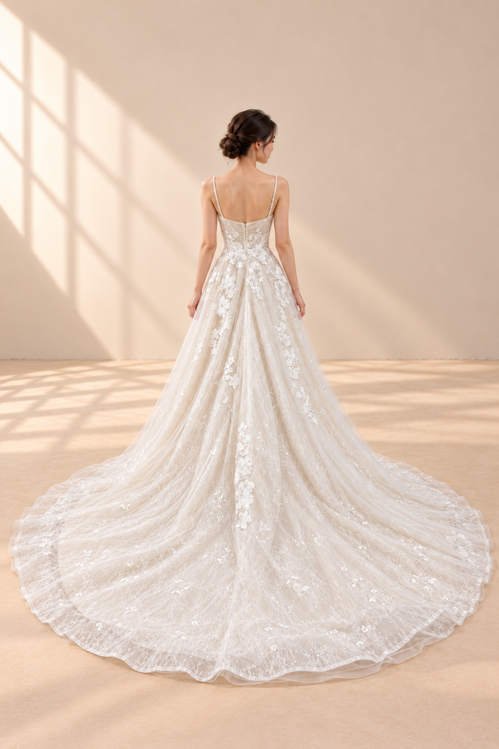AI-assisted model visualisation of draped-neck floral lace A-line wedding gown, full back view and train. Refer to the actual gown for exact embroidery, colour and fit.