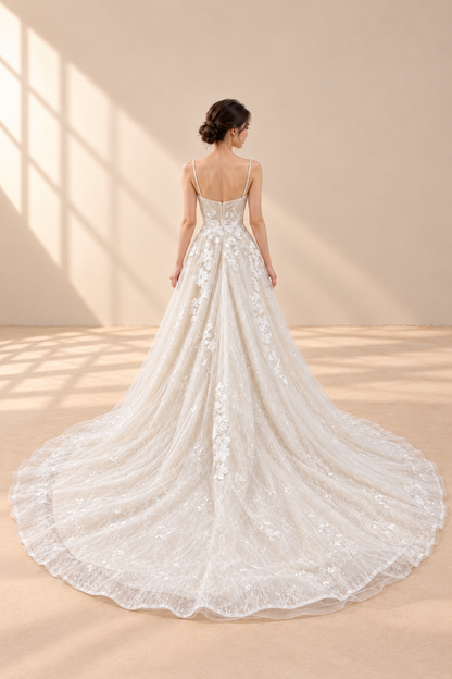 AI-assisted model visualisation of draped-neck floral lace A-line wedding gown, full back view and train. Refer to the actual gown for exact embroidery, colour and fit.