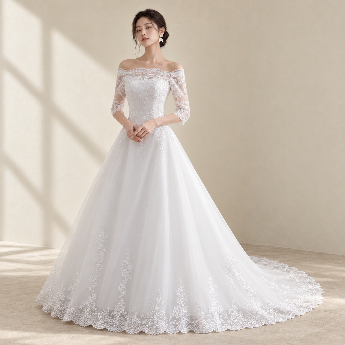 AI-styled editorial view of Off-Shoulder Long-Sleeve Lace ROM Gown; compare original reference photographs for gown details