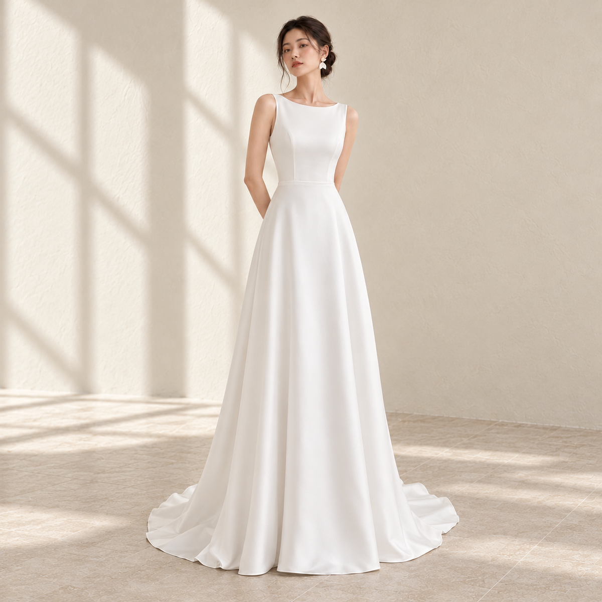 AI-styled editorial view of Belted Satin A-Line ROM Gown; compare original reference photographs for gown details