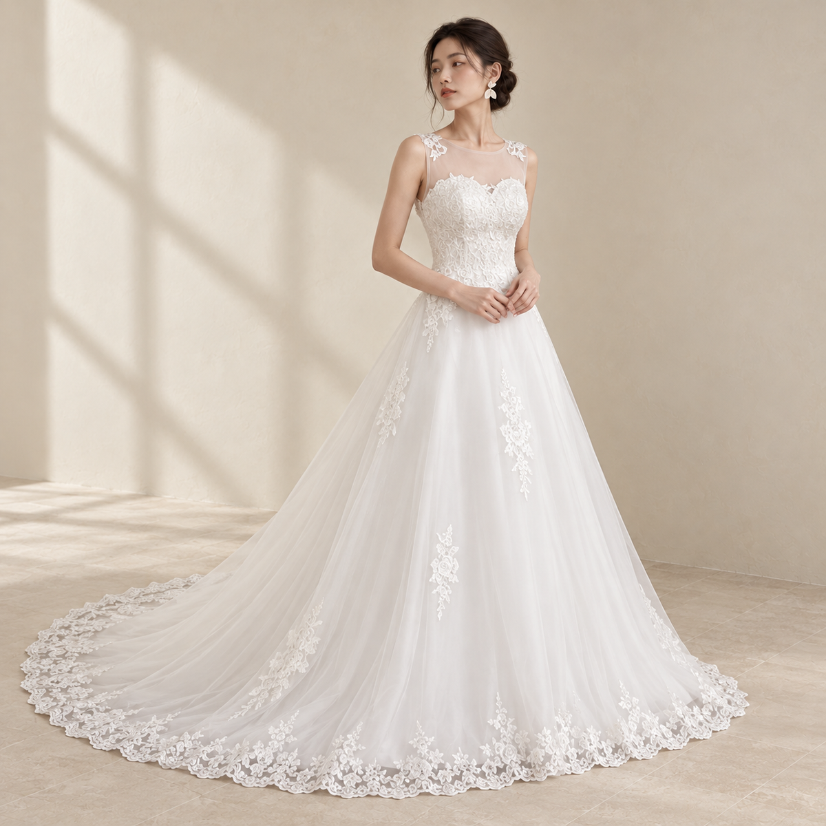 AI-styled editorial view of Open-Back Lace ROM Gown; compare original reference photographs for gown details