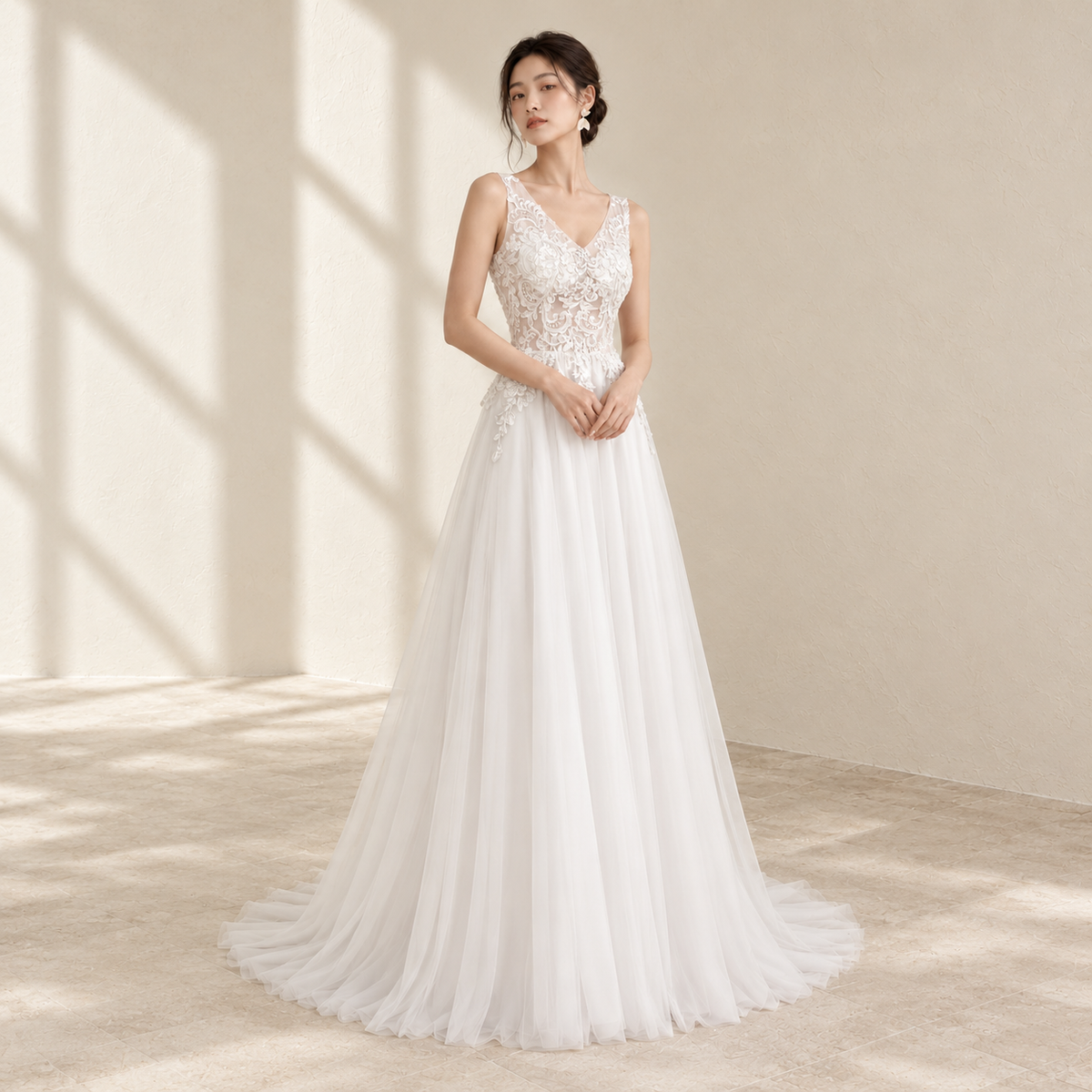 AI-styled editorial view of Lace V-Neck Train ROM Gown; compare original reference photographs for gown details
