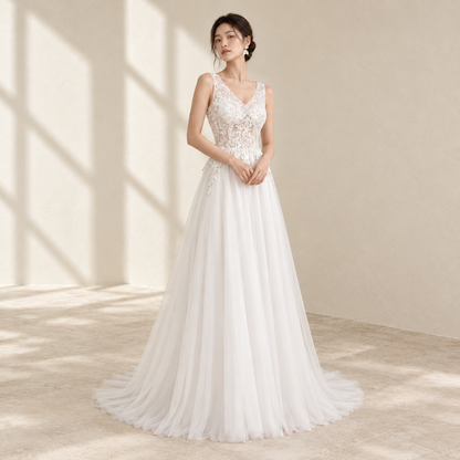 AI-styled editorial view of Lace V-Neck Train ROM Gown; compare original reference photographs for gown details